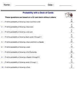 52 deck of cards probability|probability with a deck of cards worksheet.